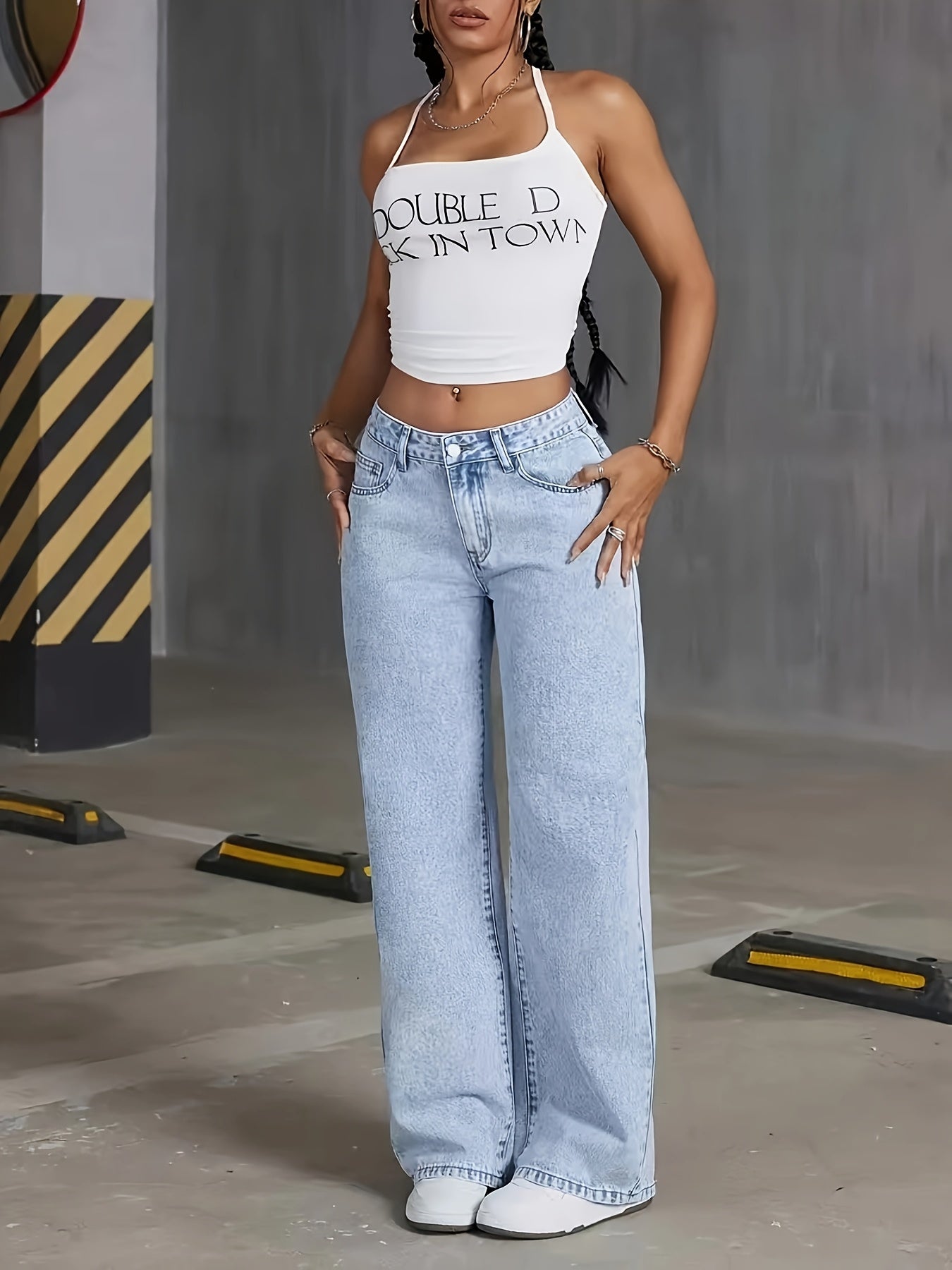 Women's High-Rise Light Wash Blue Denim Wide-Leg Pants with Butterfly Details - Street Style, Non-Stretch Fabric, Machine Washable