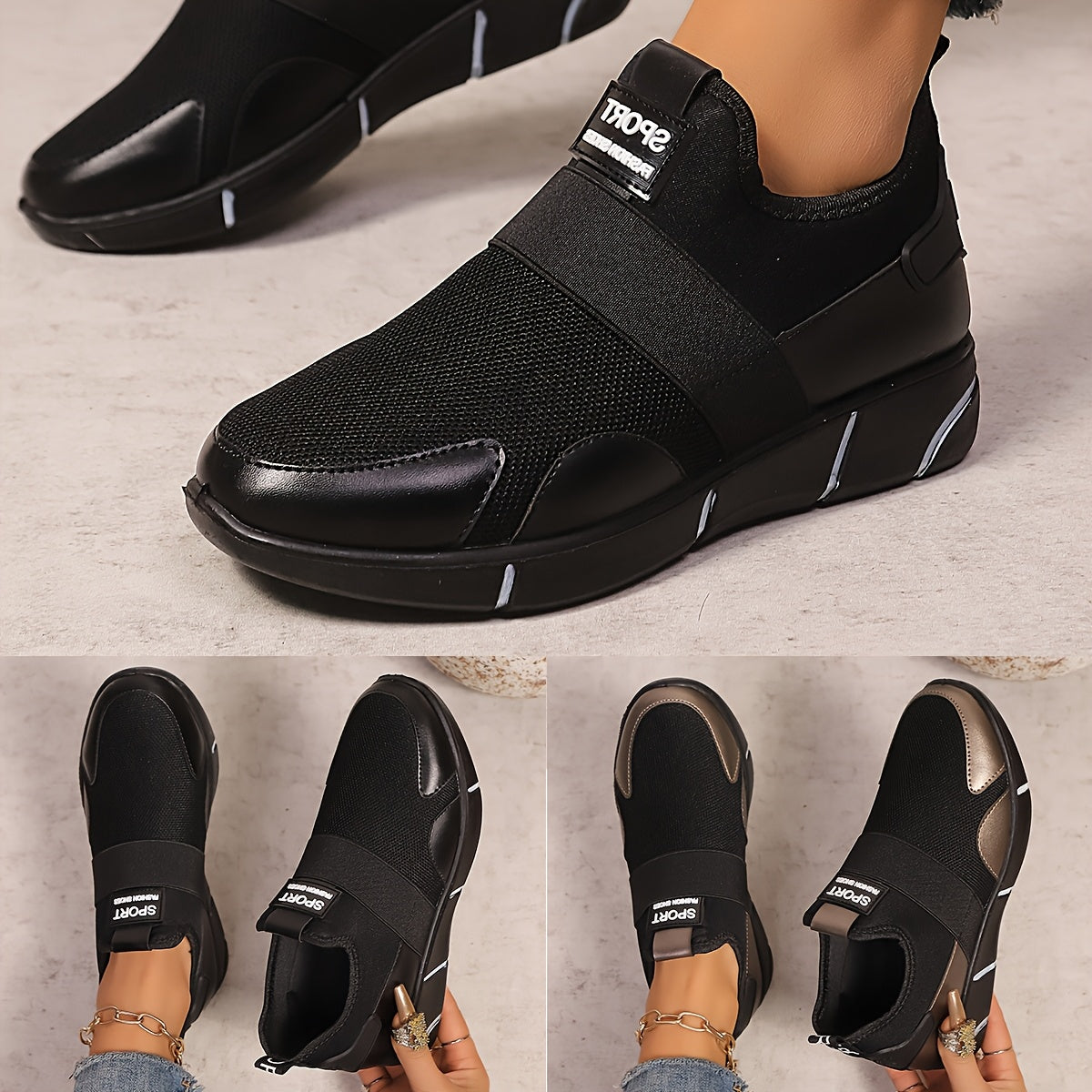 Women's Slip-On Sneakers - Lightweight Knit Upper, Breathable Design, Comfortable Casual Shoes with Strap, Black & Golden Accents, Round Toe for All-Day Wear, Sporty Sneakers | Round Toe Shoes | Flexible Sole, Ladies Sneakers