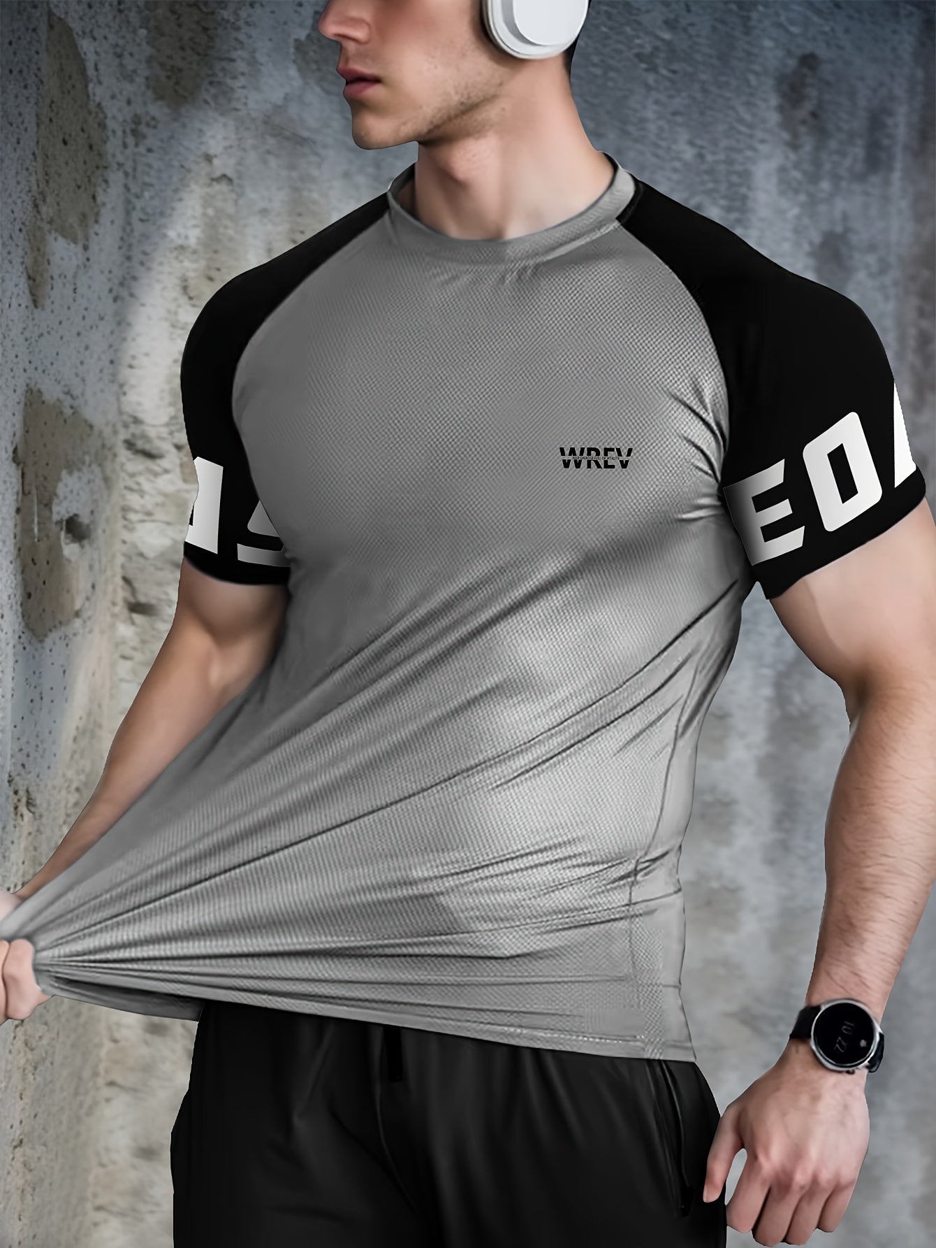 Men's Quick-Dry Breathable Mesh Sports T-Shirt - Summer Gym Workout Top with Contrast Black & White Sleeves & for Man Letter Print, Slim Fit for Running Training Casual Wear, Breathable Running Gear | Sporty Casual Tee | Mesh