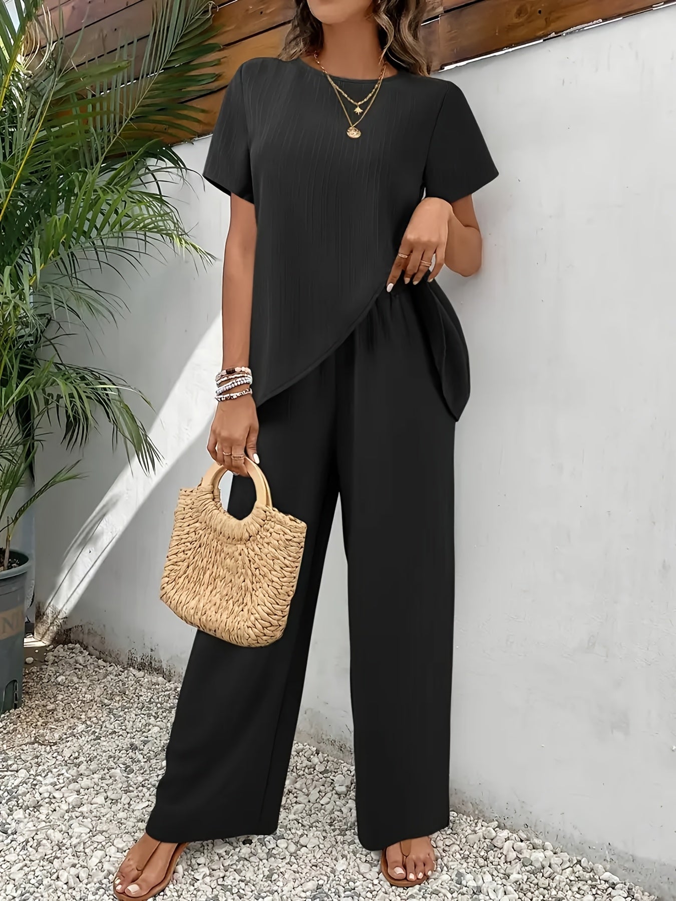Solid color casual pants set, asymmetrical hem round neck short sleeve top and pants set, Women's clothing