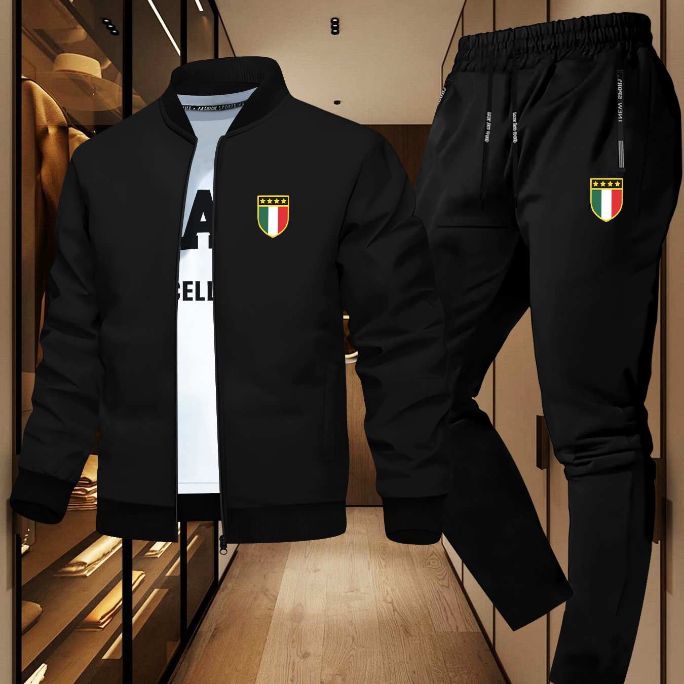 Men'S Trendy Design Jacket Two-Piece Suit with Five-Pointed Star Print, Casual Youth Casual Sports Jacket Suit