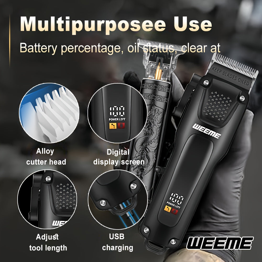 WEEME 3pcs Men's Grooming Kit: Black USB Rechargeable Electric Clipper + T-Blade Trimmer + Shaver Combo, featuring an LCD display and anti-slip textured design for precise haircuts, beard trimming, and sideburns styling—per