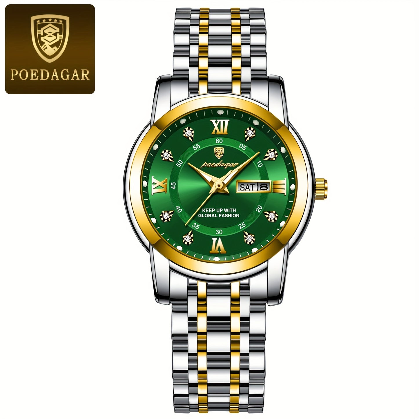 POEDAGAR Elegant Stainless Steel Quartz Watch for Women, Luminous Calendar, Round Alloy Case, Trendy Korean Style, Non-Rechargeable Battery, Watch Accessories