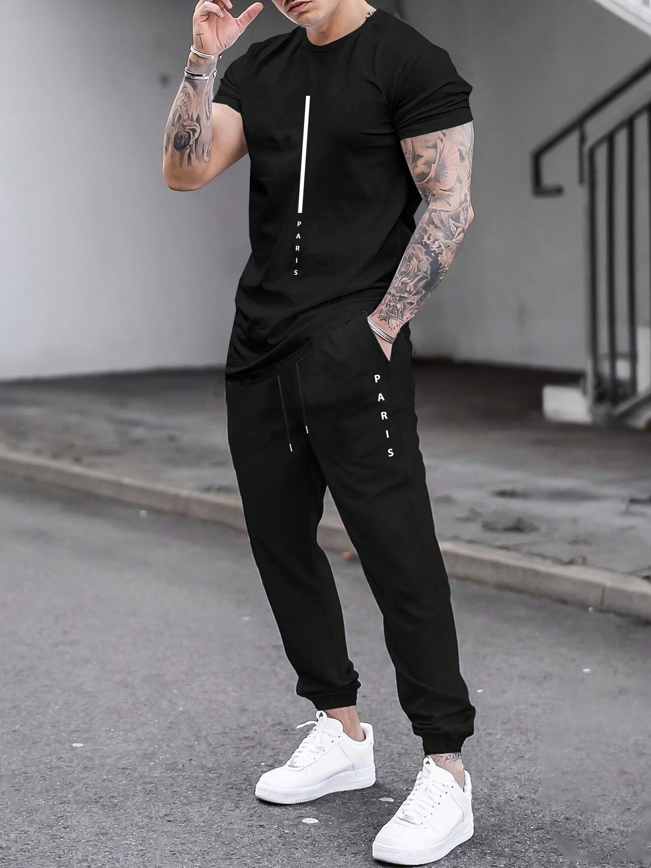 1set Men'S Casual Sportswear Set, Geometric Pattern Short Sleeve T-Shirt and Drawstring Joggers, Knitted Polyester and Elastane Blend, Round Neck, Regular Fit, Four Seasons Outfit