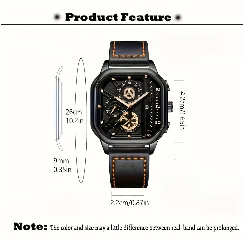 1 Casual Men's Quartz Watch, PU Leather Strap Business Watch Set Suitable for All Occasions, Jewelry Gift for Dad, Boyfriend, Suitable for All Festivals (Box Not Included)