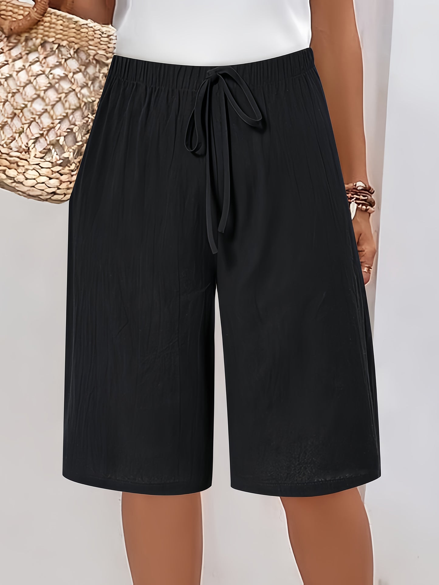 Women'S Casual Solid Color Shorts, 100% Polyester Woven Fabric, All-Season Beach Pants with Fake Drawstring, 126g/m² Weight - Black