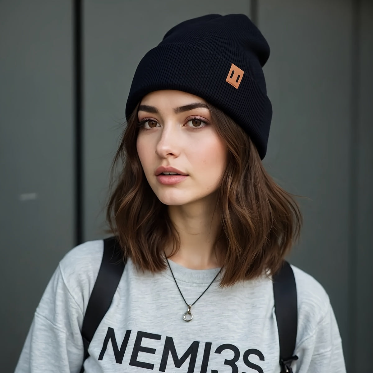 2pcs Fashion Faux Leather Label Knit Hat Set for Autumn and Winter, Outdoor Warm Ear Protection Knitted Cap Wholesale Lightweight Beanie