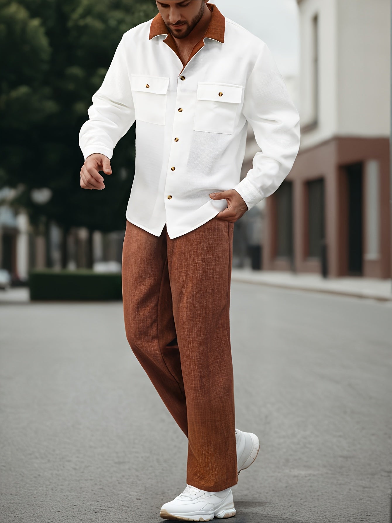 New Autumn And Winter Two-Piece Set Featuring a Color-Blocked Long-Sleeve Shirt with a Suit Collar And Straight-Leg Casual Trousers.
