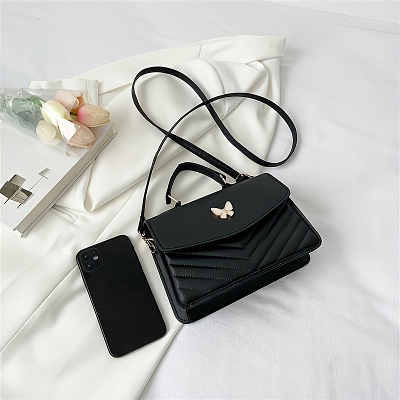 Elegant Women's Crossbody Bag with Butterfly Embellishment - Quilted Black Synthetic Leather Handbag, Magnetic Closure & Adjustable Strap, Compact Everyday Shoulder Bag for Women, Crossbody Purse, Sophisticated Accessory