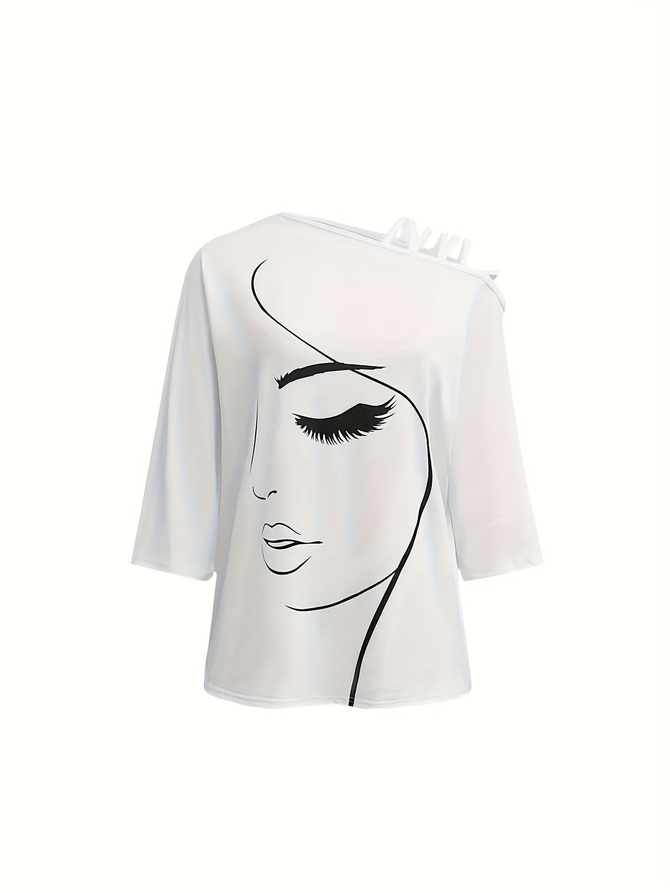 Women's Off-Shoulder Graphic Tee - Stretchy Polyester Blend, Short Sleeve, Cross-Strap Detail, Elegant Face Line Art Print, Casual Vacation Style, Machine Washable