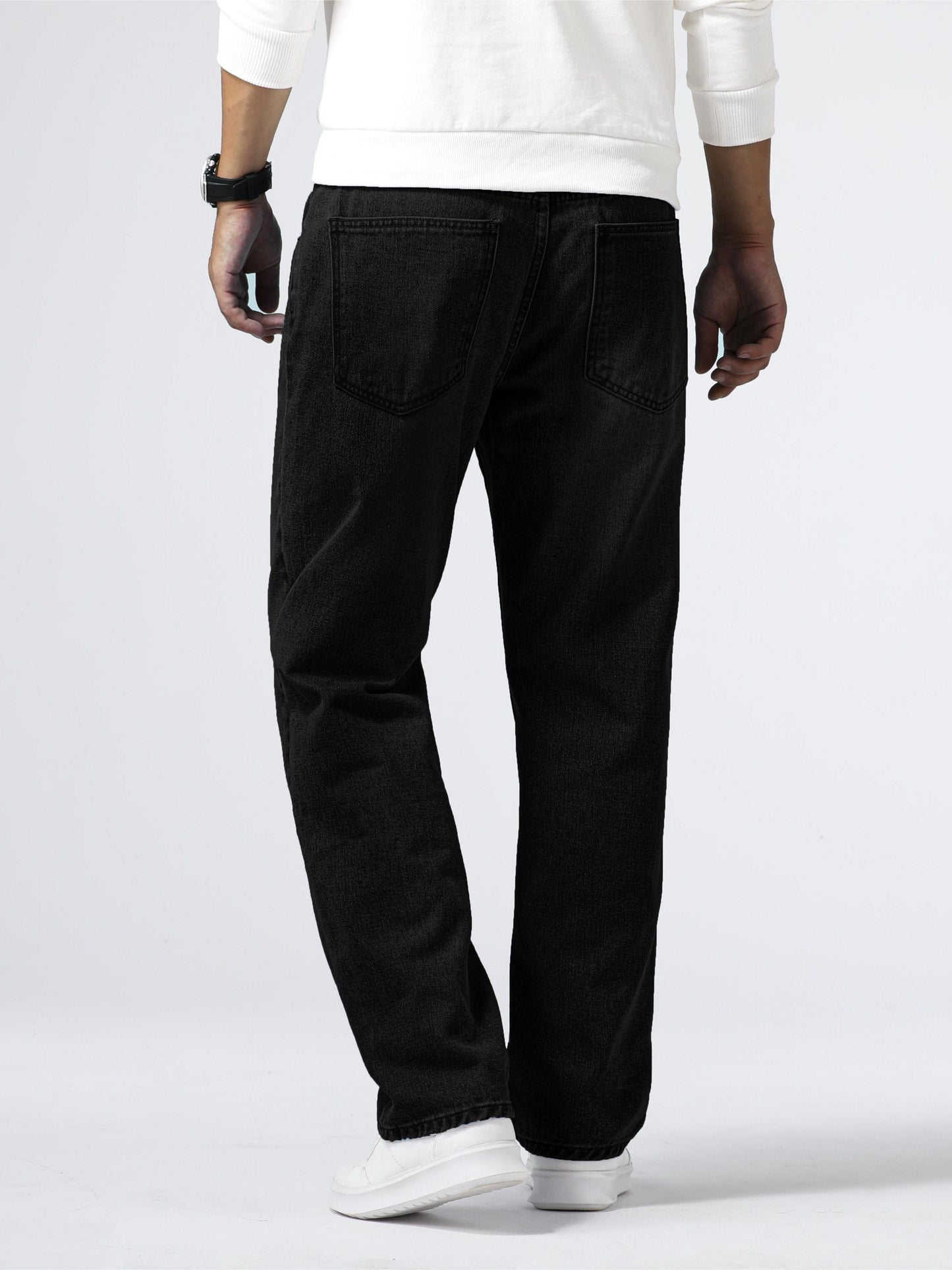 Men'S Loose Fit Straight Leg Jeans, Cotton 85% Polyester 15% Denim, Washed Solid Color Casual Style