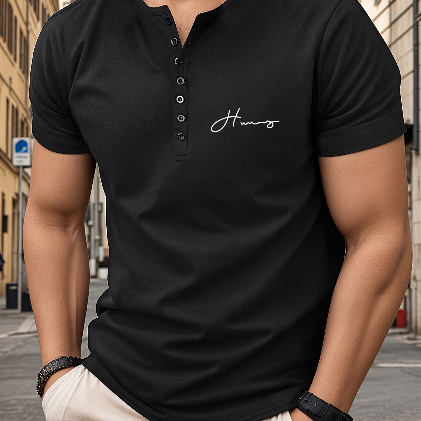 Trendy Letters Print Men's Athletic V-Neck Henley T-Shirt - Short Sleeve Casual Workout Top For Spring Summer Fitness Holiday