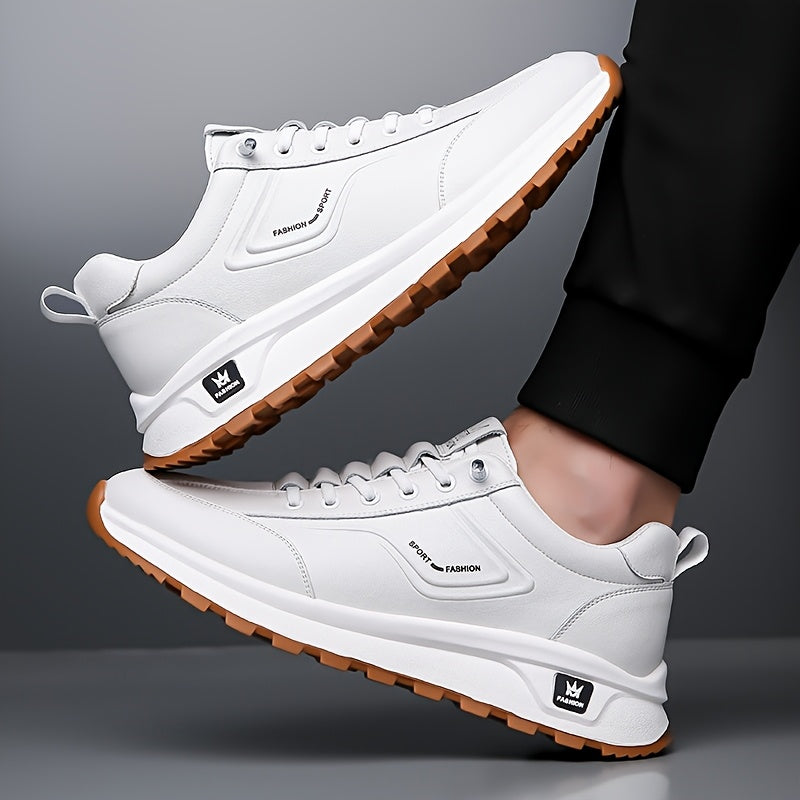 Men's All-Season Breathable White Sneakers - Casual & Sporty, Non-Slip Soft Rubber Sole, Low-Top Design with Pull Tab, Comfortable Microfiber Upper for Casual Attire