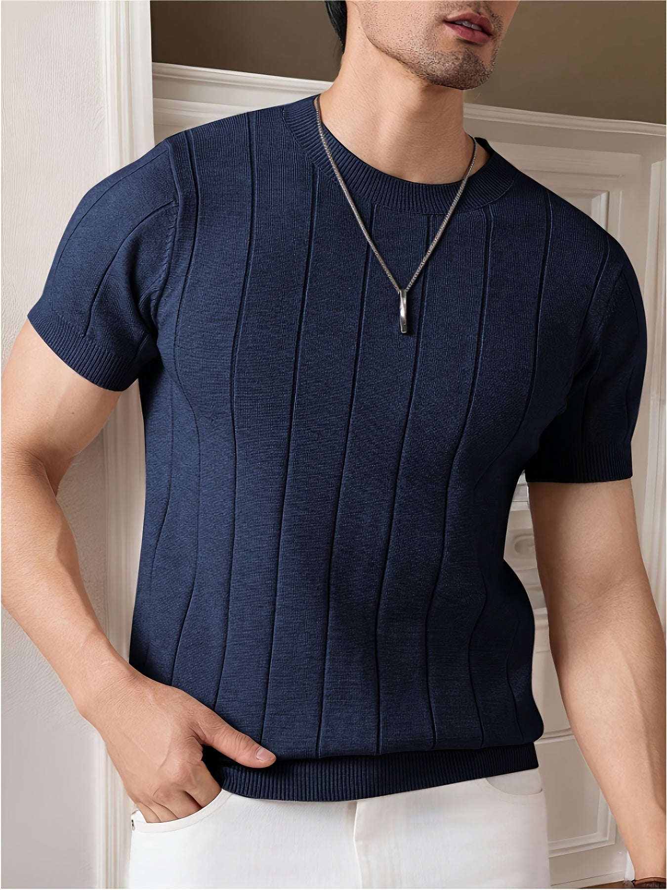 Men's Slim Fit Striped Textured Knit Crew Neck T-Shirt - High Elasticity Short Sleeve Casual Top for Spring/Autumn, Breathable Daily Leisurewear, Spring Fashion, Classic Style, Durable Construction, Pullover Shirt, Stylish Me