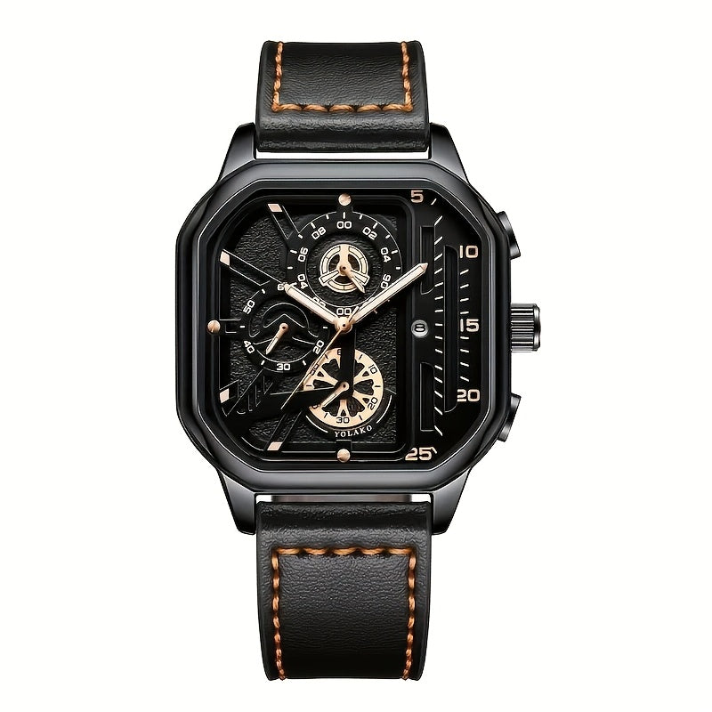 1 Casual Men's Quartz Watch, PU Leather Strap Business Watch Set Suitable for All Occasions, Jewelry Gift for Dad, Boyfriend, Suitable for All Festivals (Box Not Included)