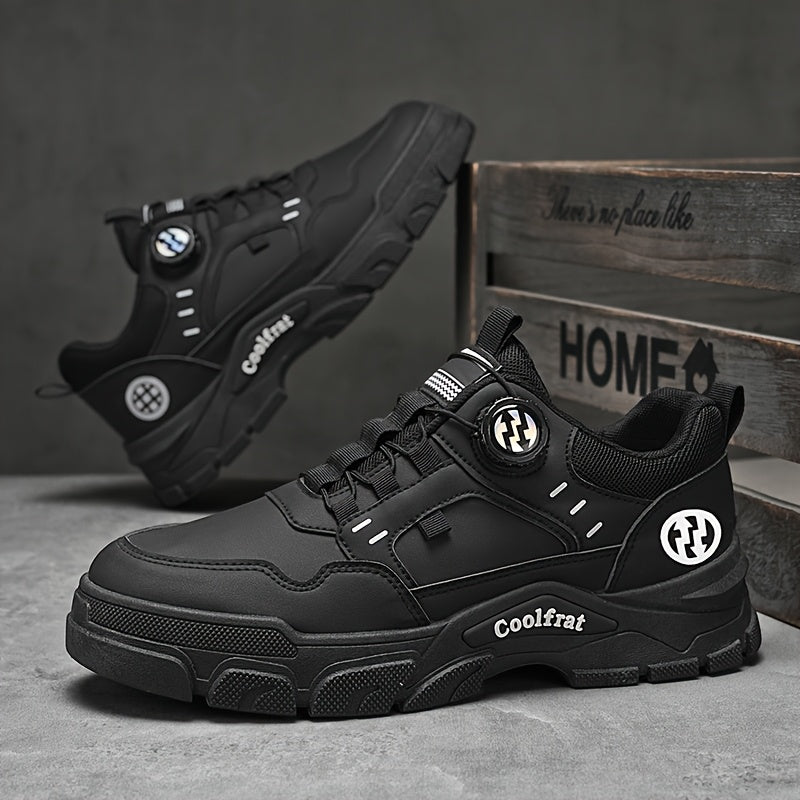 Men's Solid Color Skate Sneakers - Adjustable Rotating Buckle Straps, Slip-Resistant PVC Sole & Durable PU Upper, Low-Top Lace-Up Design for Hiking, Walking, Daily Wear - All-Season Casual Streetwear Shoes, Skate Shoes