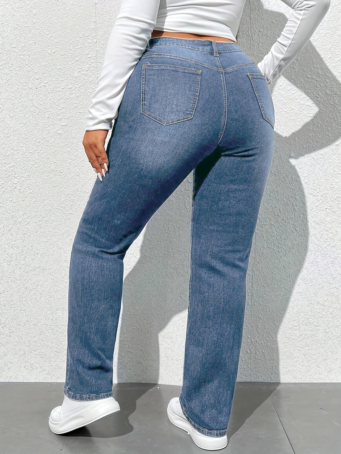 Women'S High-Waisted Straight Leg Jeans, 68.5% 25.7% Polyester 4.3% Viscose 1.5% Elastane, Casual Skinny Fit Denim Pants with Zipper Fly, All-Season Solid Color, 300g/m² Fabric Weight, Long Length - No Belt Required