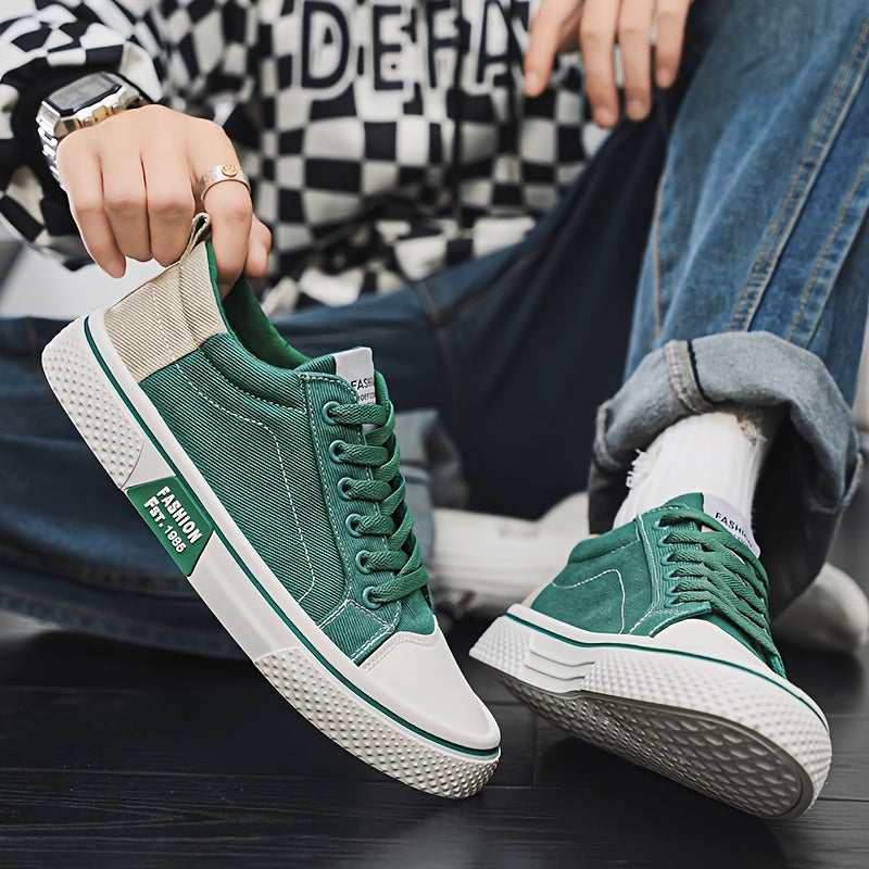 Men's Breathable Canvas Sneakers - Low-Top Lace-Up Skate Shoes, Fashionable Casual & Sporty Design with Green & Beige Color Block, Non-Slip PVC Sole for Casual Attire, Outdoor Sneakers | Laceup Closure | Stylish Lowtops