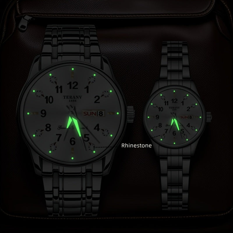 Two Stylish Digital Round Dial Couple'S Quartz Watches - IPX7 Waterproof, Luminous, Dual Calendar, Date and Day/Week Display, Alloy Strap Business Watches, Suitable for Women and Men, Valentine'S Day Gift Wristwatches