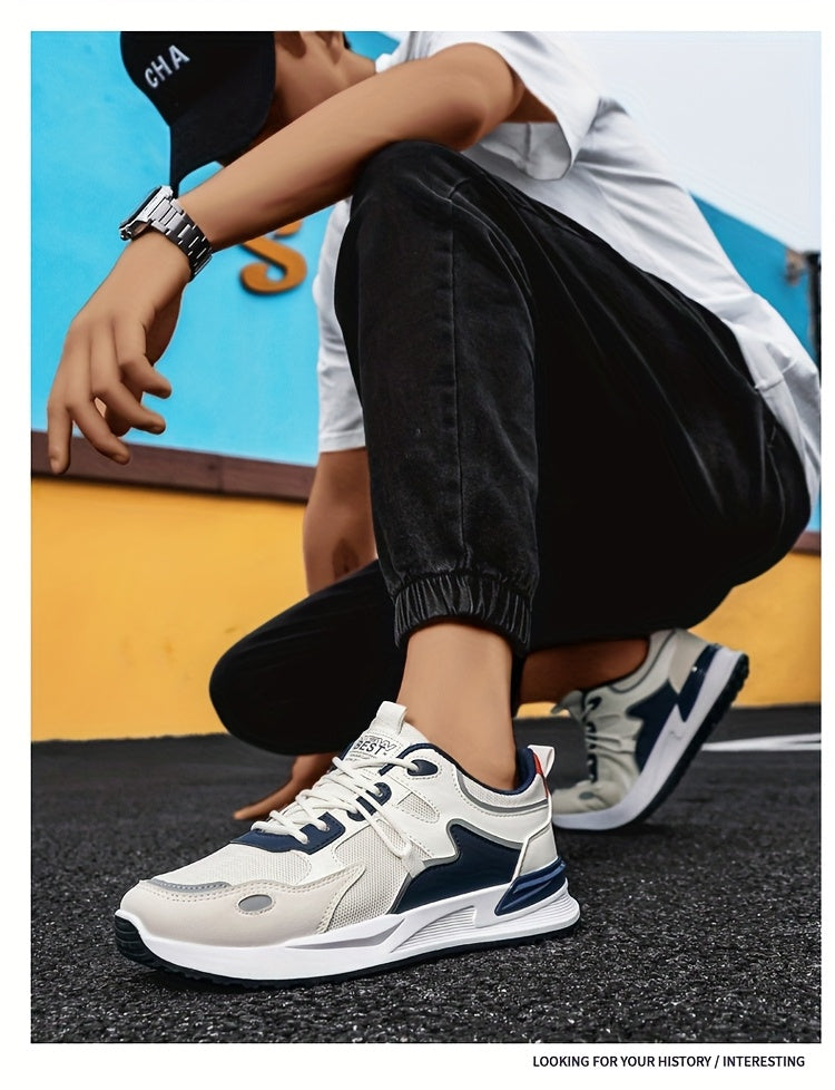 Men's Plus Size Breathable Mesh Casual Sneakers - Low-Top Lace-Up Walking Shoes with Cushioned PVC Sole, All-Season Outdoor & Daily Wear in White/Navy/Red Accents, Outdoor Footwear | Modern Sneakers | Durable Fabric Shoes