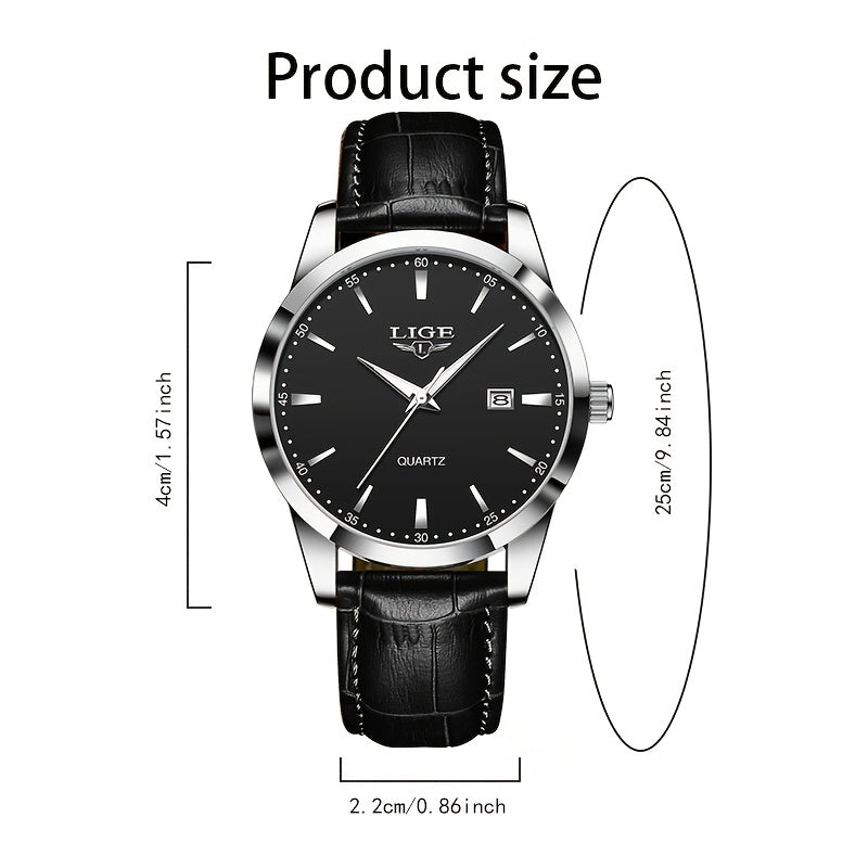 A Stylish Timepiece By LIGE Featuring A Blend Of Business And Casual Design, With A Faux Leather Strap, Alloy Case, And A Non-rechargeable Battery.