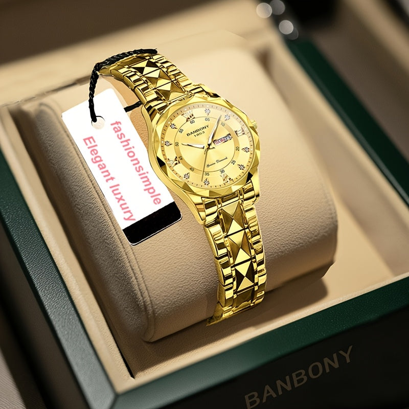 1pc Elegant BANBONY Stainless Steel Women'S Watch with Sparkling Rhinestones, Double Calendar, Glow-in-the-Dark Display, Waterproof - Ideal Gift for Birthdays, Anniversaries, and Special Occasions, Luxury Accessory | Elegant