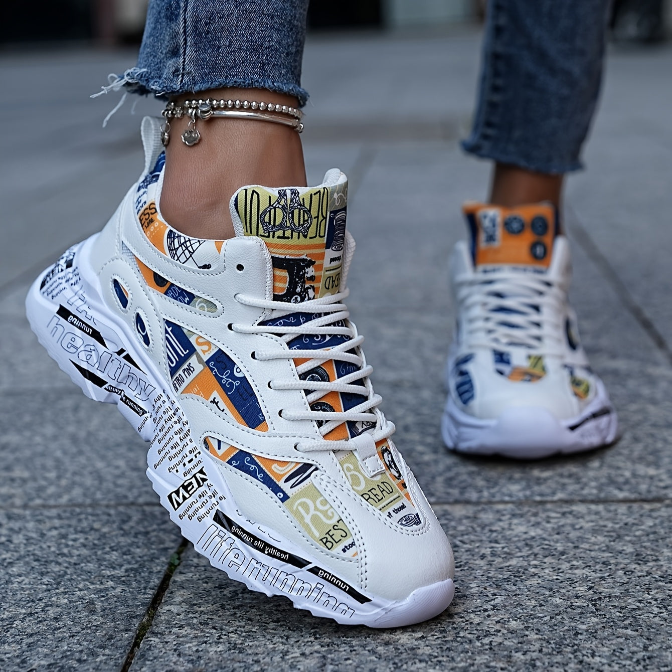 Men'S & Women'S Graffiti Couple Sneakers, All-Season Lightweight Cushioned Running Shoes, Stability Pronation, Cartoon Pattern, MD Sole, EVA Insole, Polyurethane Upper, Fabric Lining
