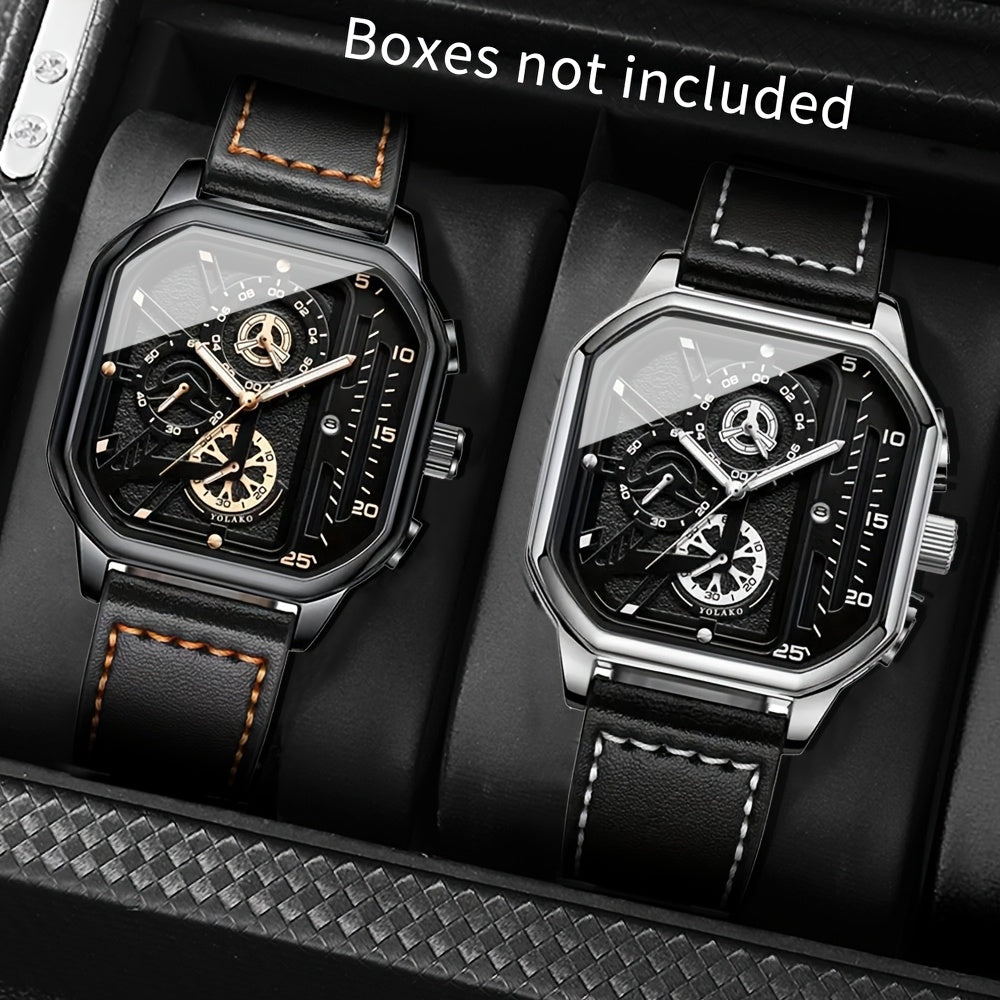 1 Casual Men's Quartz Watch, PU Leather Strap Business Watch Set Suitable for All Occasions, Jewelry Gift for Dad, Boyfriend, Suitable for All Festivals (Box Not Included)