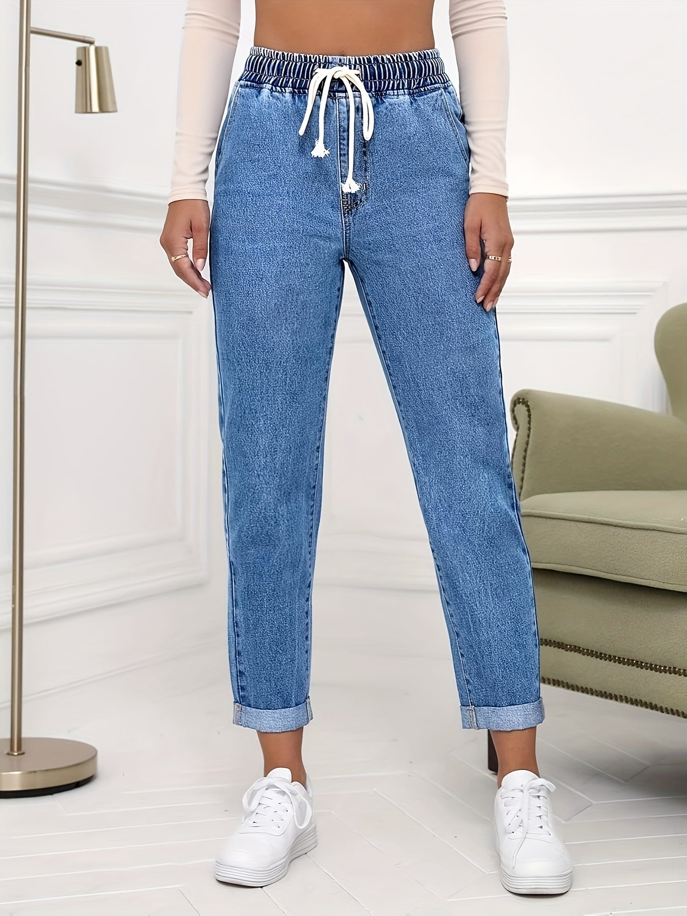 Women's Stretch Denim Tapered Jeans with Elastic Waistband & Rolled Cuffs - Light Wash, Mid-Rise, Versatile Casual Style for Spring/Summer/Fall, Casual Denim Wear | Modern Tapered Jeans | Smooth Texture Jeans