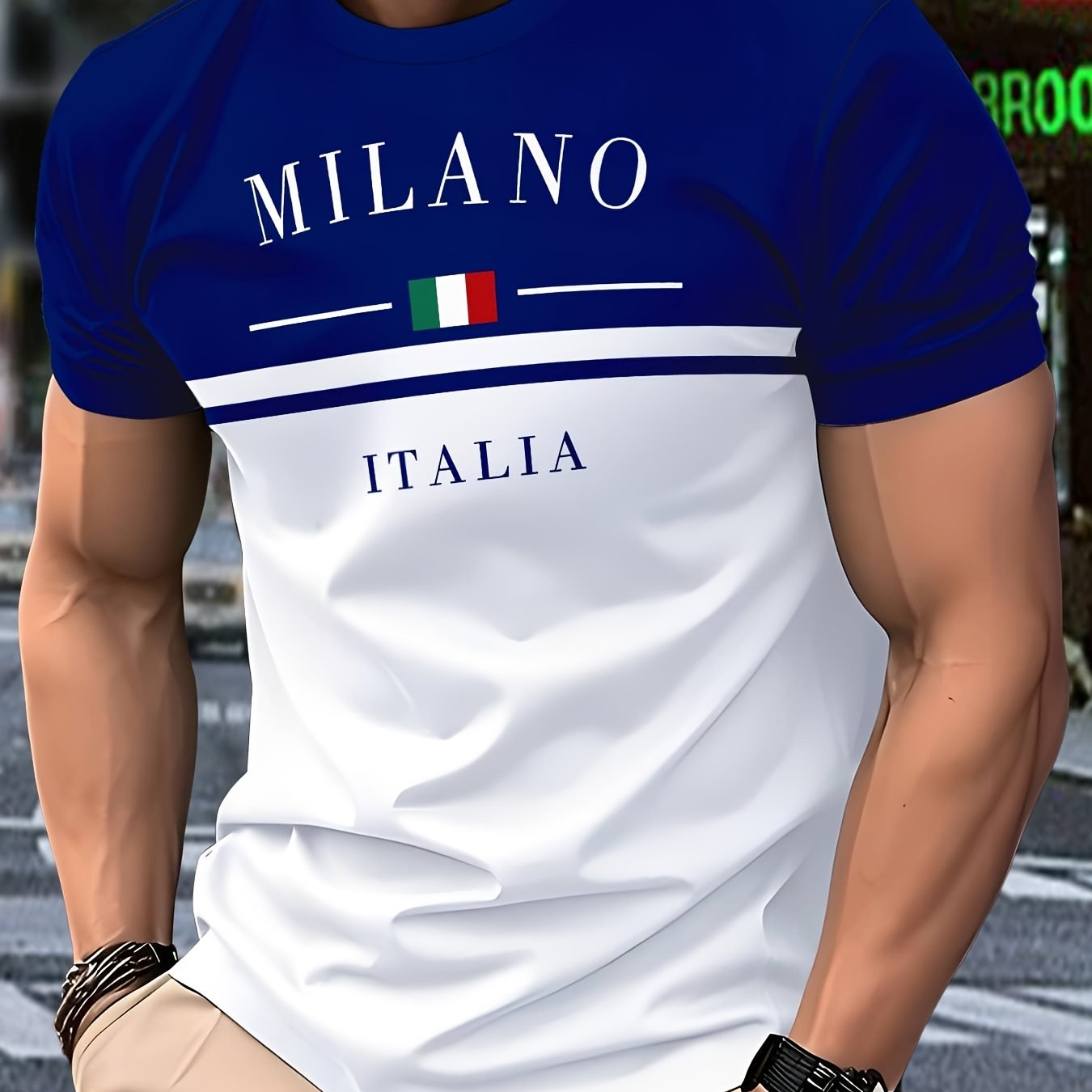 Men's casual short-sleeve round-neck striped polyester knit T-shirt, breathable, 110g/m², slightly stretchy, regular fit, smooth texture, suitable for summer weekend wear