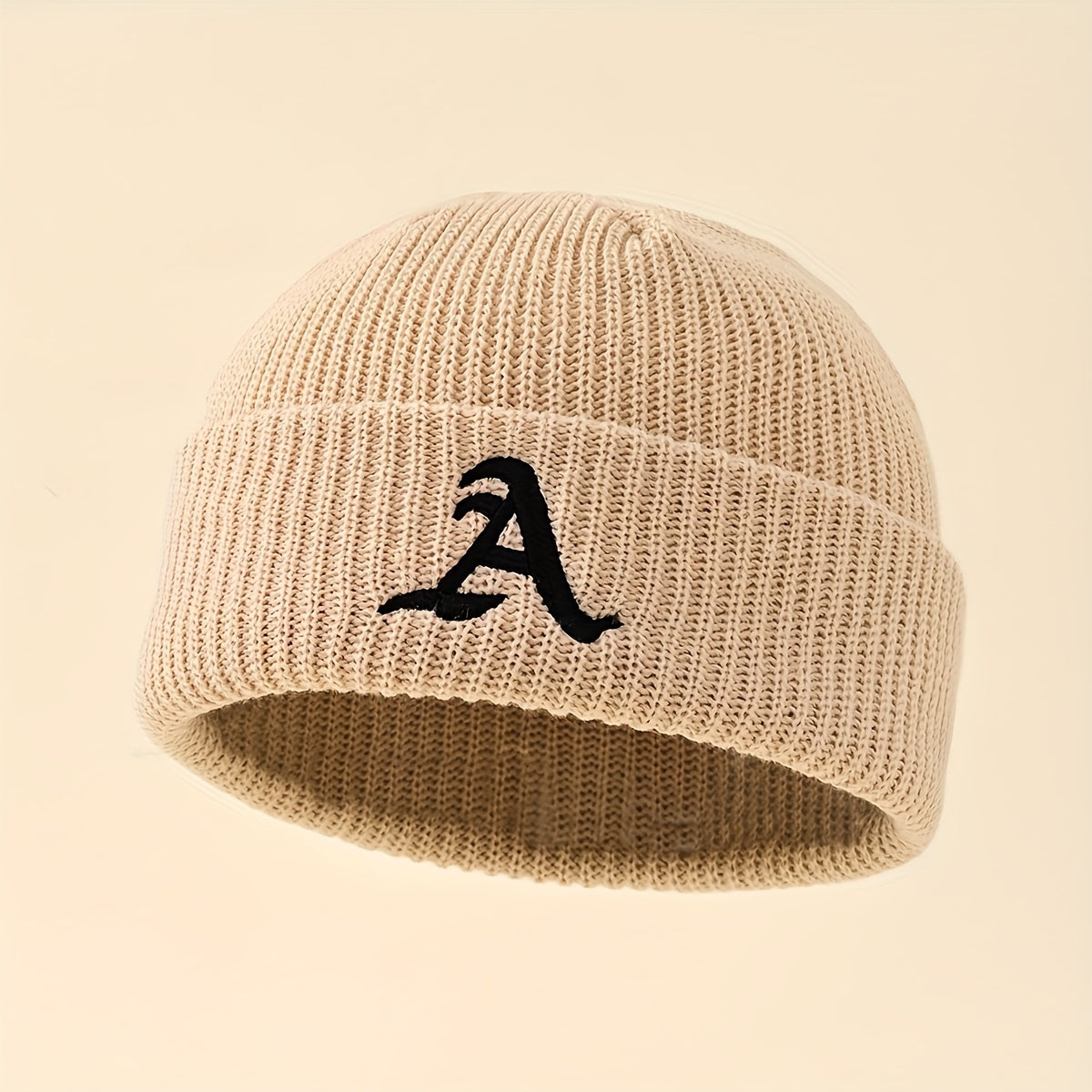 1pc Unisex Classic Brimless Hat With Adjustable Rolled Cuff, Simple Letter Pattern Knitted Hat, Suitable For Winter Daily Wear