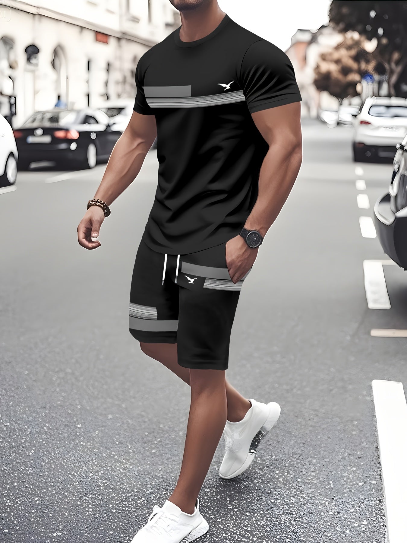 Men'S Casual Summer Two-Piece Athletic Wear Set - Light Blue T-Shirt with Green & White Stripes, Matching Shorts, Perfect for Daily Leisure, Vacation, and Sports, Casual Sportswear | Relaxed Fit Shorts | Stretchable Fabric
