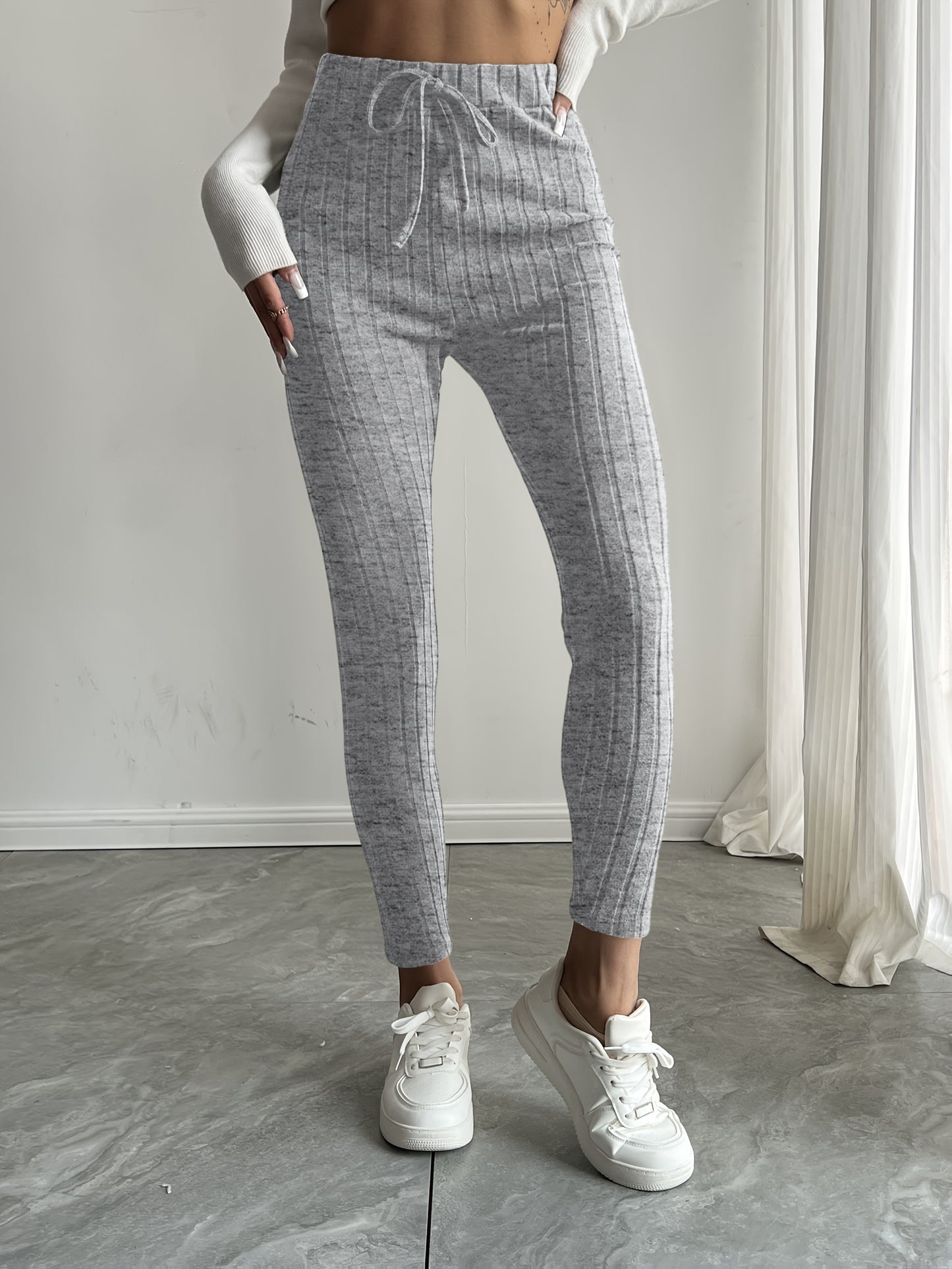High-Waisted Drawstring Skinny Knitted Pants For Everyday Wear - Solid Color Women's Casual Clothing