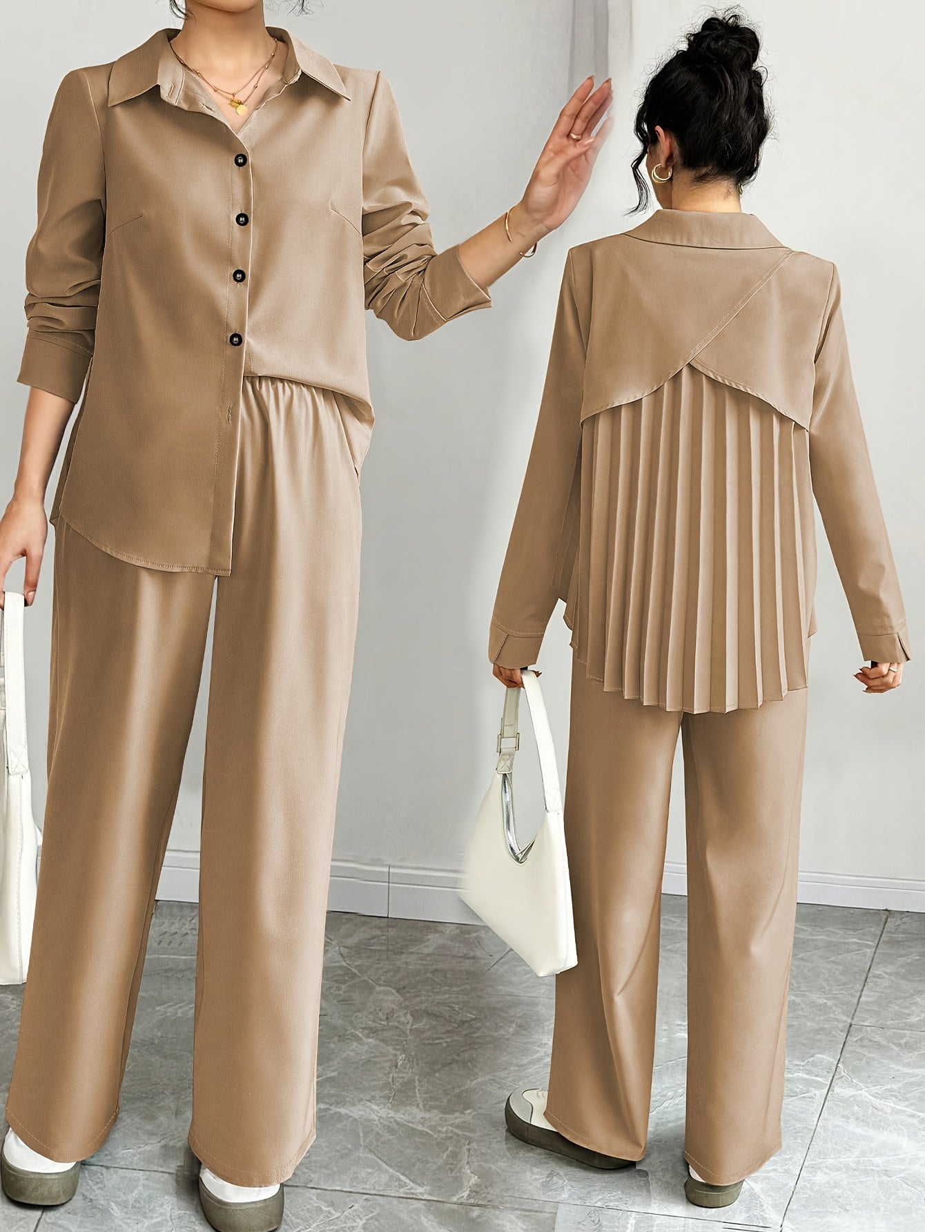 Women's Solid Color Pleated Long Sleeve Shirt + Pants Set for Spring and Autumn