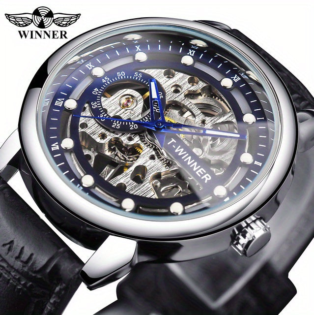 Men'S Luxury Mechanical Skeleton Watch with Golden-Tone Alloy Case & Faux Leather Strap - Mechanical Hand-Wind, World Time, Date Display, Elegant Fashion Accessory for Casual Attire, Mechanical Watch, Sophisticated Design, In