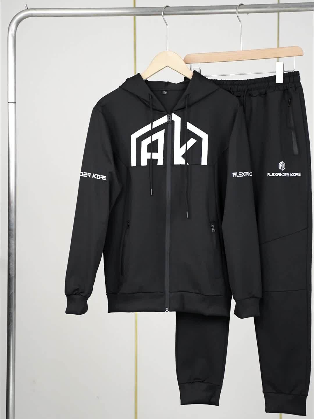 Men's AK Letter Print Long Sleeves Hoodies With Zipper Detail & Long Pants Two-piece Set, Slight Stretch Comfortable Clothing For Spring And Autumn
