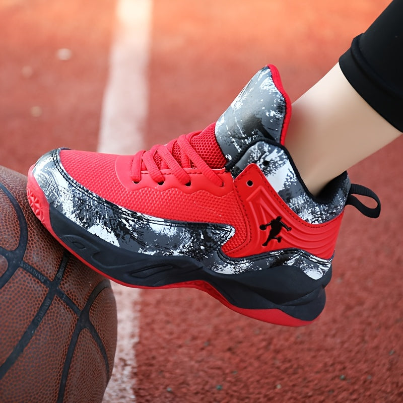 Youth Mid-Top PU Sports Sneakers - Comfortable, Lace-Up Basketball Shoes with Red & Black Design, TPR Sole for Outdoor Training, Running & Casual Wear, Basketball Shoes