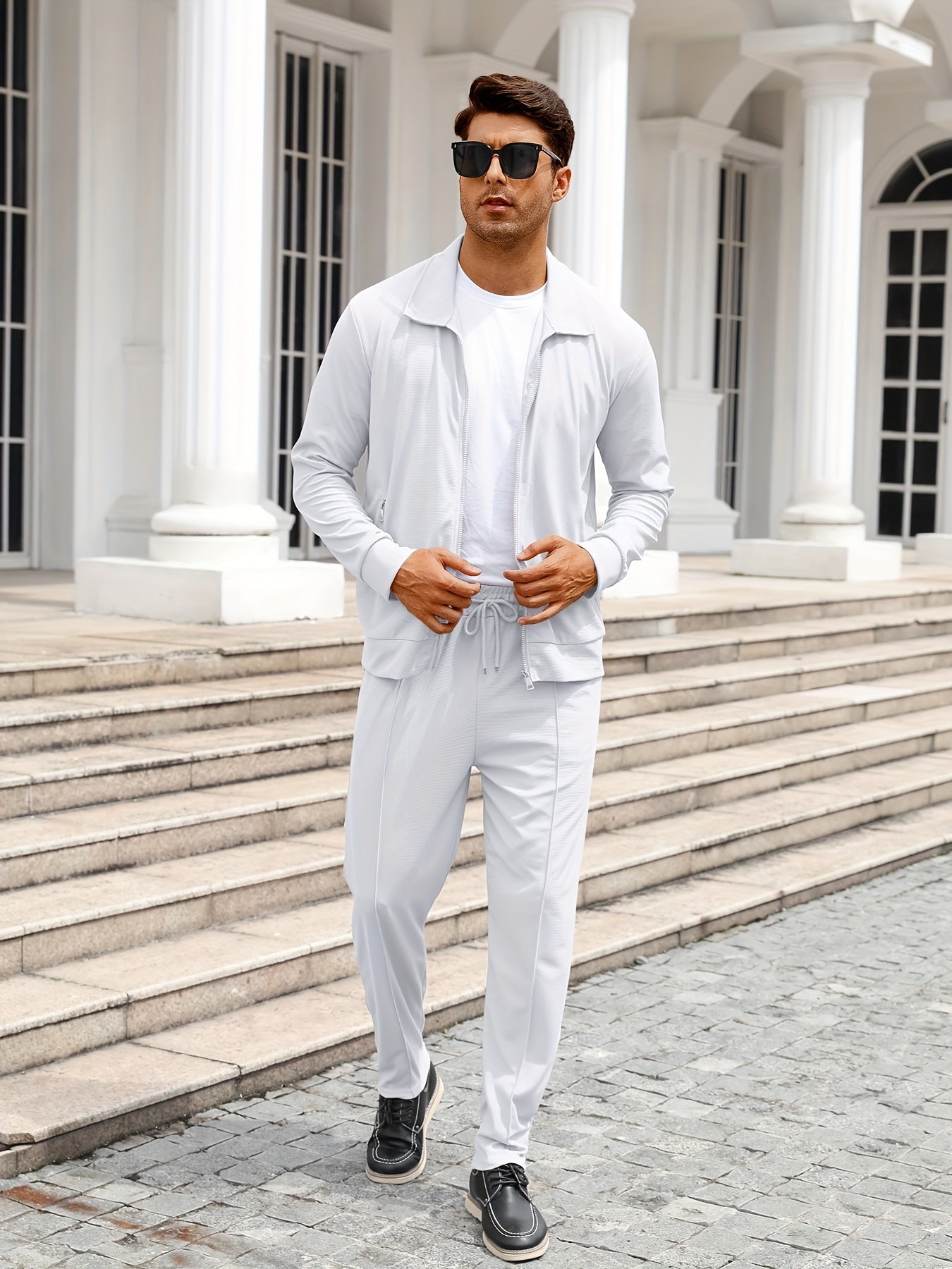 Men's Solid Waffle 2pcs Athletic Outfits, Zip-up Jacket & Pants co ord set for Outdoor Sports