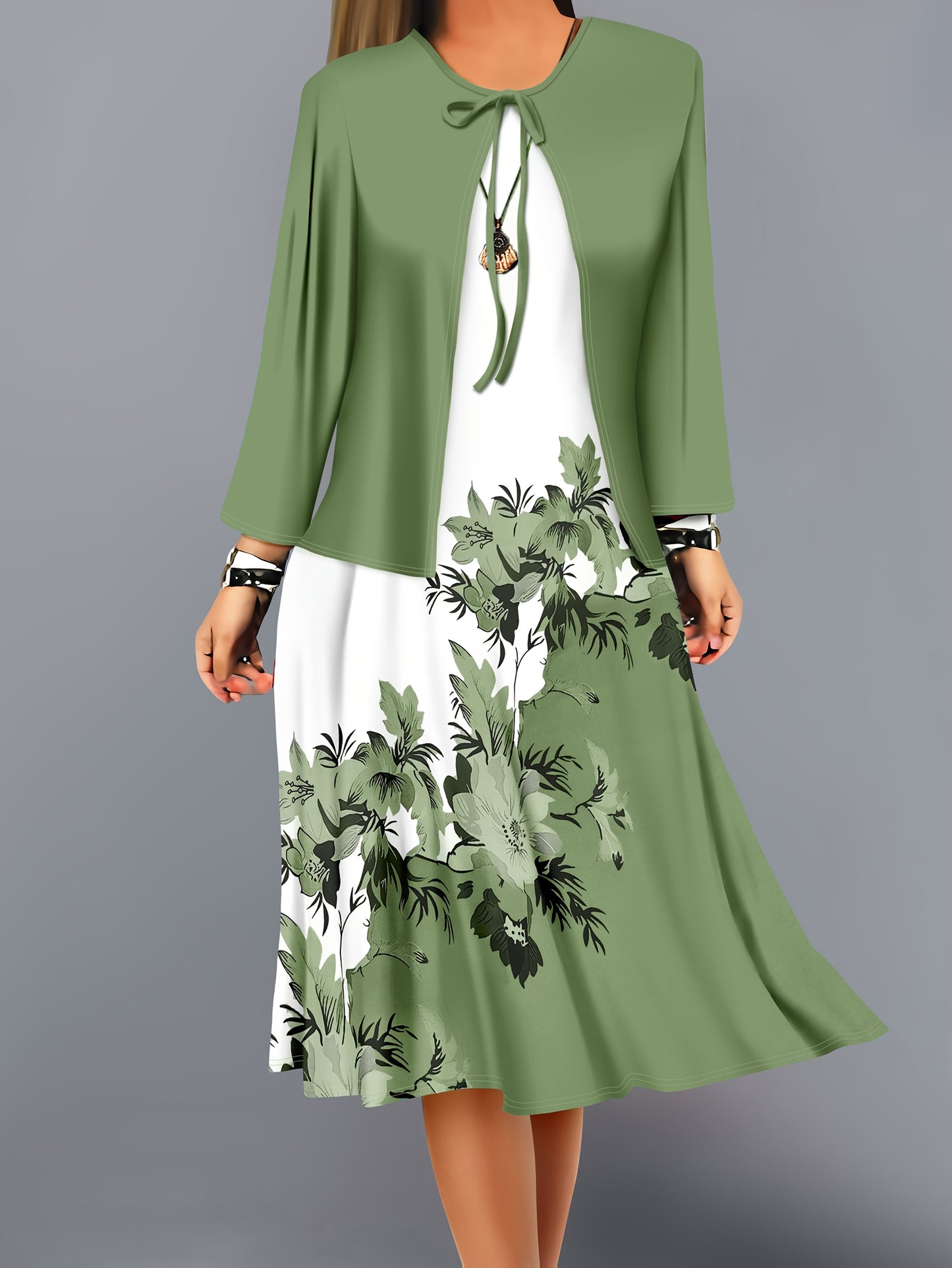 Fashion Women's solid color small cardigan and floral print patchwork dress two-piece set