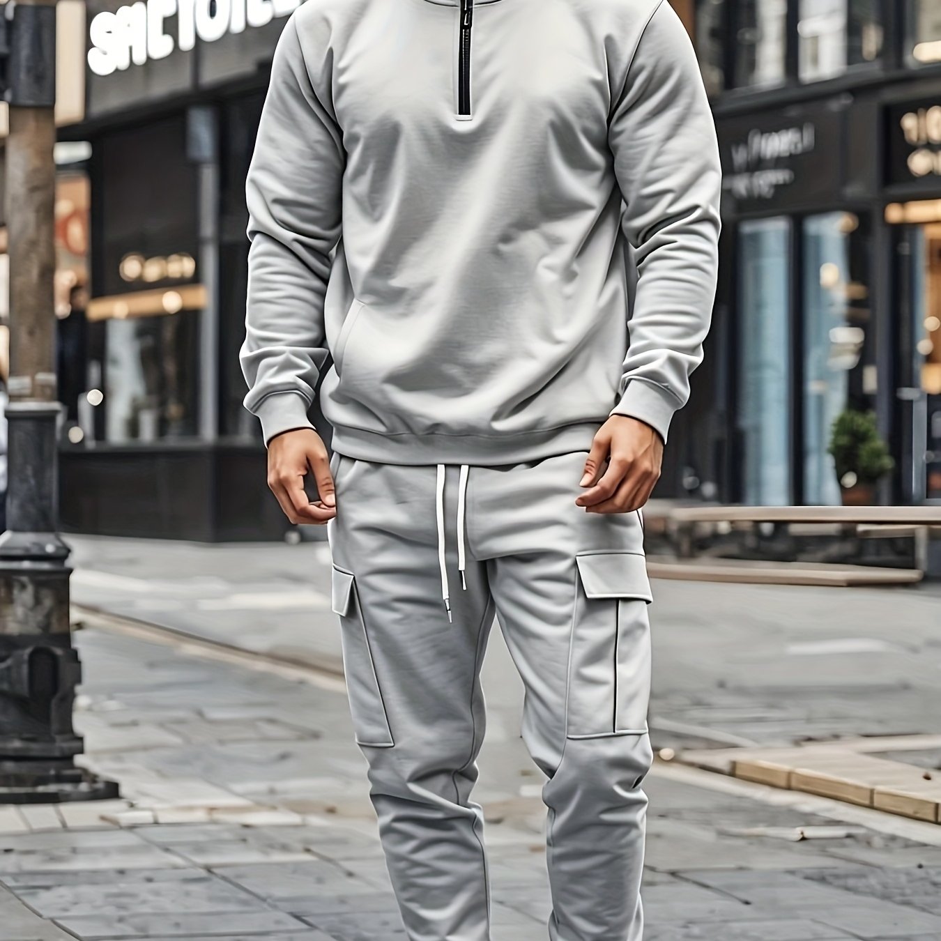 Versatile Ensemble, Men's Casual 2pcs Set: Heavyweight Zip-Up High Neck Sweatshirt & Pocketed Work Pants - Solid Color, Plush Fabric for Fall/Winter