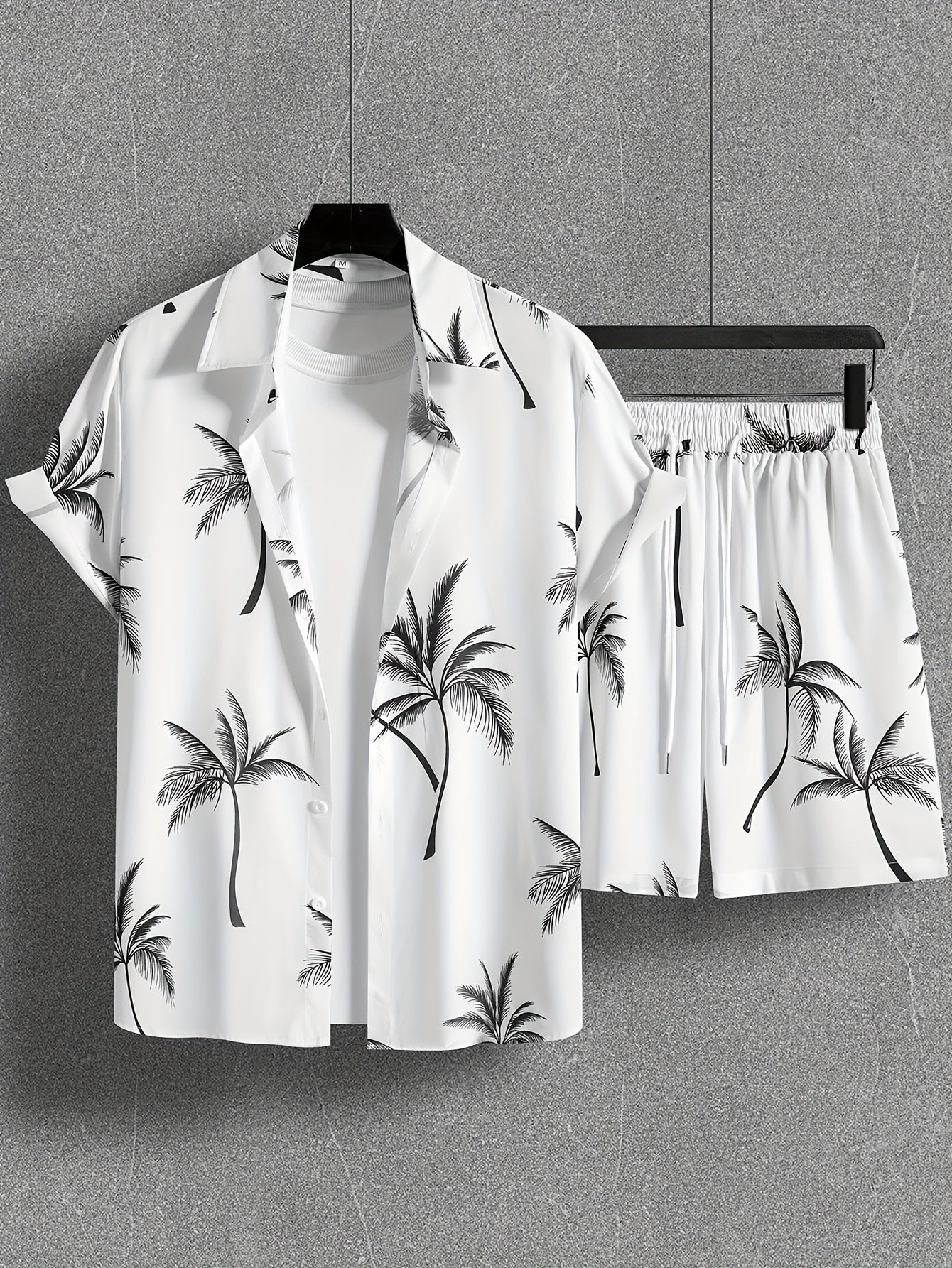 Coconut Tree Print, Men's 2Pcs Outfits, Casual Camp Collar Lapel Button Up Short Sleeve Shirts Hawaiian Shirt And Drawstring Shorts Set For Summer, Men's Clothing