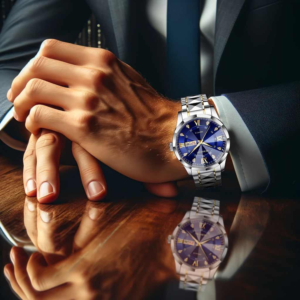 A Men'S Trendy Golden Alloy Luminous Business Casual Quartz Watch with a Steel Band.