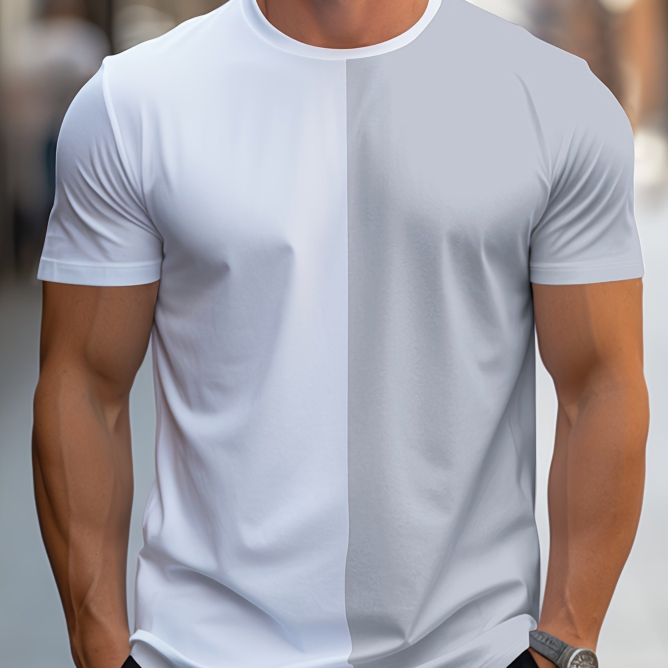 Men'S Fashion Casual Crew Neck Short Sleeve T-Shirt, Polyester Blend, Slight Stretch, Solid Color, Summer, Regular Fit, Knit Fabric, 180g/m², with Embellished Graphic for Adult