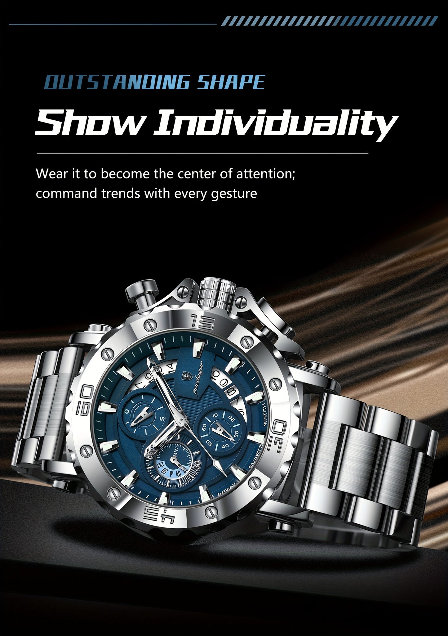 POEDAGAR Men'S Luxury Stainless Steel Business Watch with Date Display, 3ATM Blue Dial, Rotating Bezel, Alloy Case, Quartz Movement - Elegant Formal Accessory, Formal Accessory|Luxurious Watch|Quartz Movement Watch