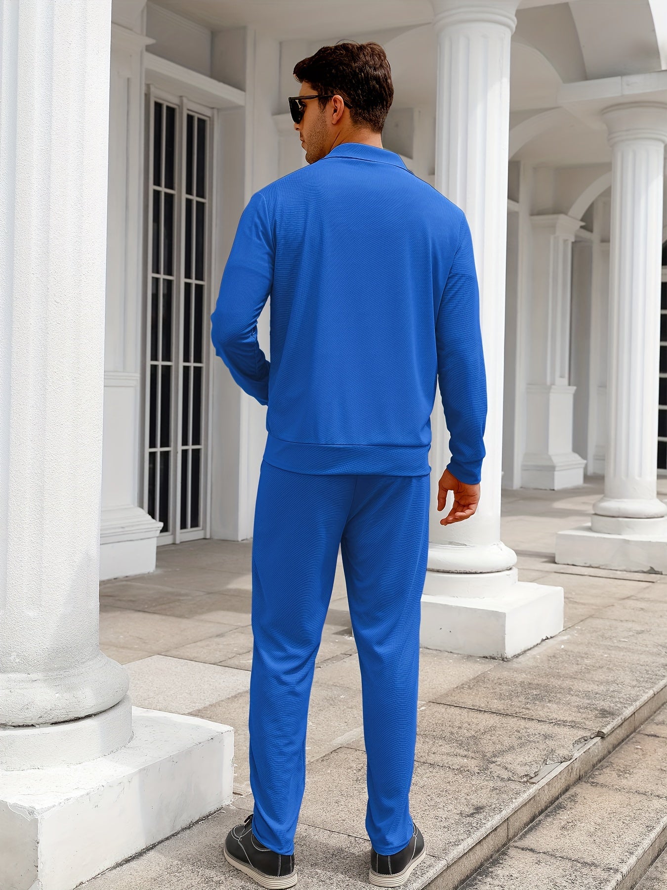Men's Solid Waffle 2pcs Athletic Outfits, Zip-up Jacket & Pants co ord set for Outdoor Sports
