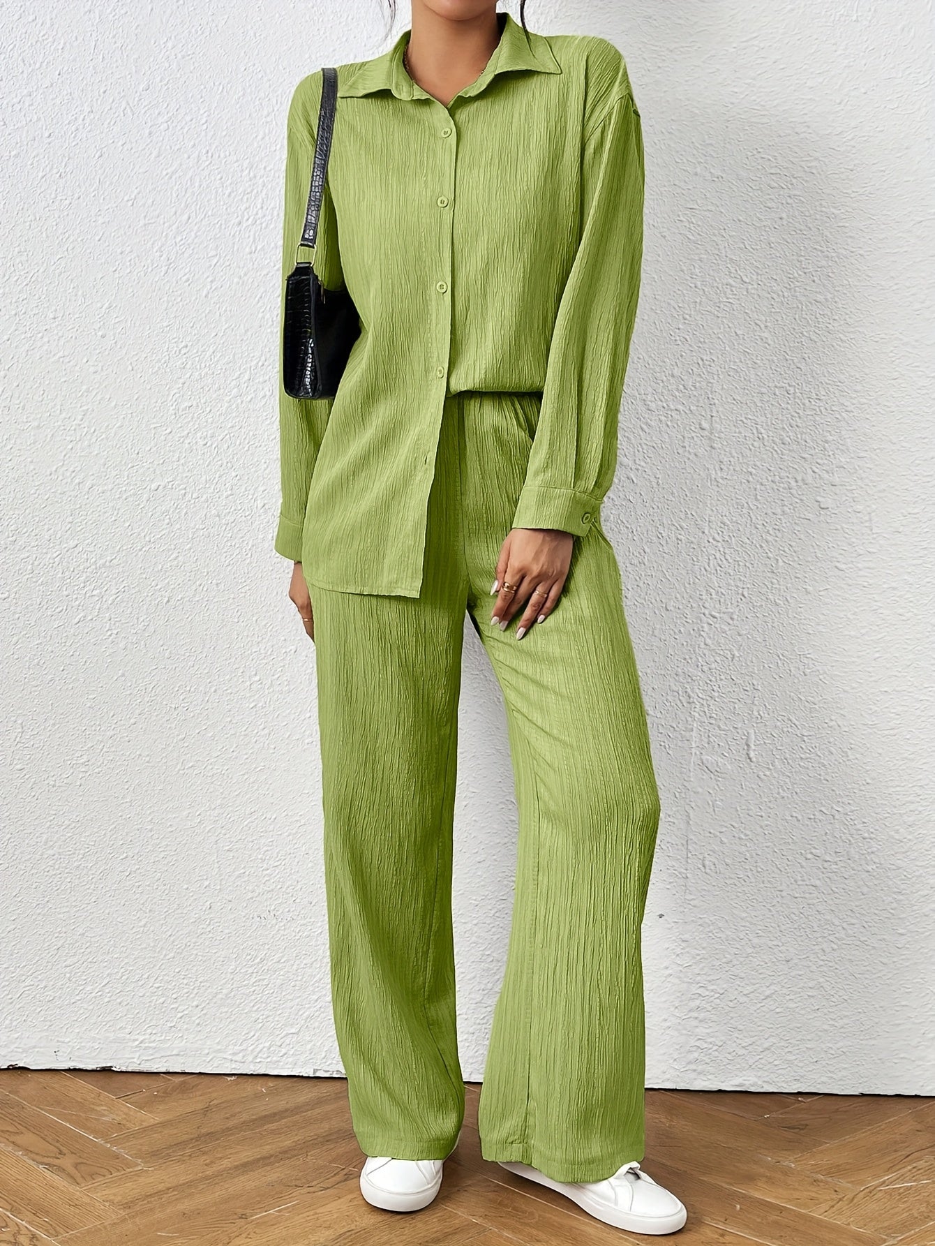2pcs Women Spring & Autumn Casual Solid Color Long Sleeve Shirt And Pants Set