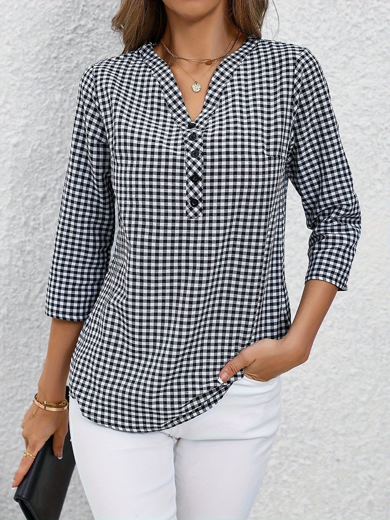 Women'S Casual Yellow & White Plaid Button-Up Shirt - Polyester, V-Neck, Long Sleeves, Casual Wear, Casual Wear|Plaid Pattern|Polyester Fabric