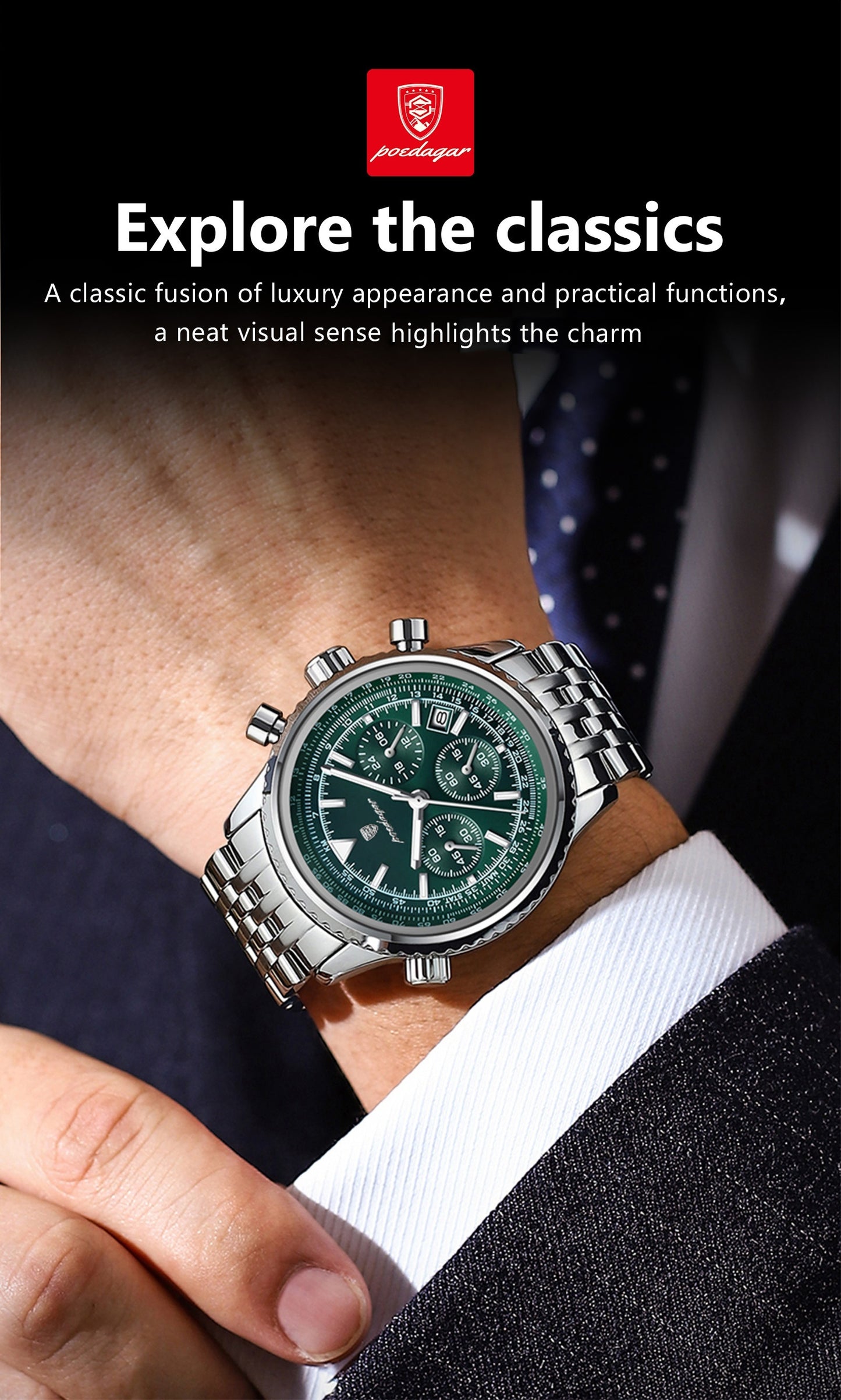 Berda Tomato Business Dominant High-end Luxury Stainless Steel Watch Waterproof Luminous Calendar Quartz Men's Watch, POEDAGAR