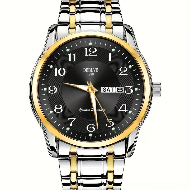 DEBLVE Men'S Fashionable Stainless Steel Watch with Luminous Numbers, Calendar & Week Display - Quartz Movement, Business Style, Ideal for Travel & Daily Use