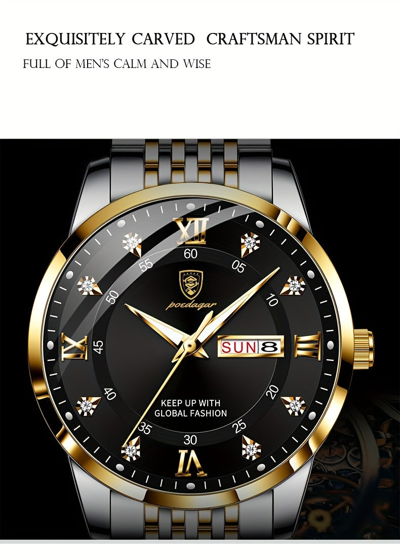 POEDAGAR Classic Men'S Stainless Steel Quartz Watch, IPX8 Luminous Weekly Calendar Watch for Men, Perfect Gift Option, Suitable for Women